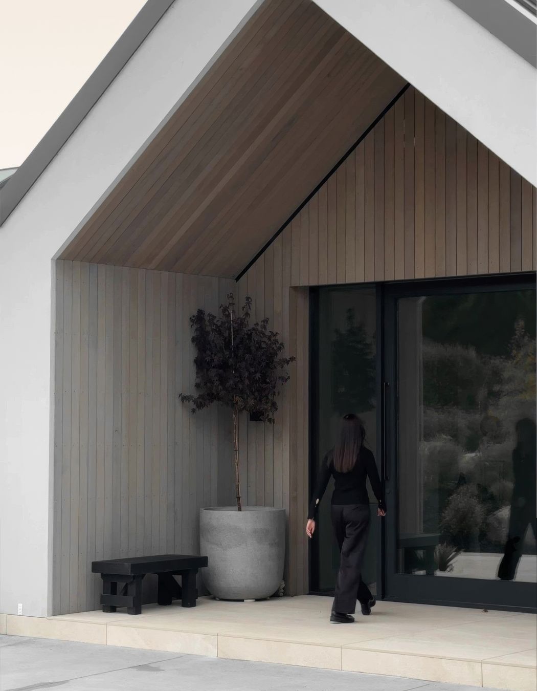 The dramatic gabled entranceway