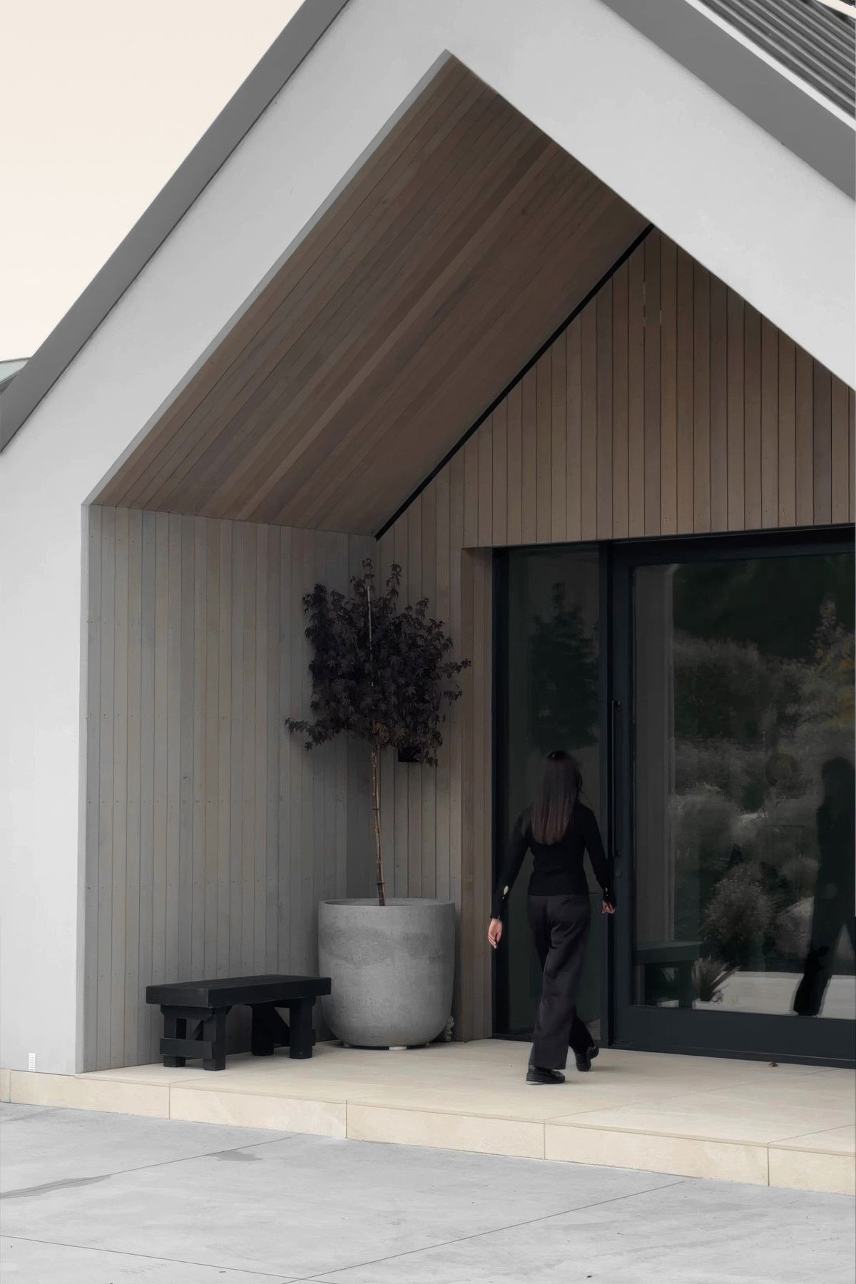 The dramatic gabled entranceway