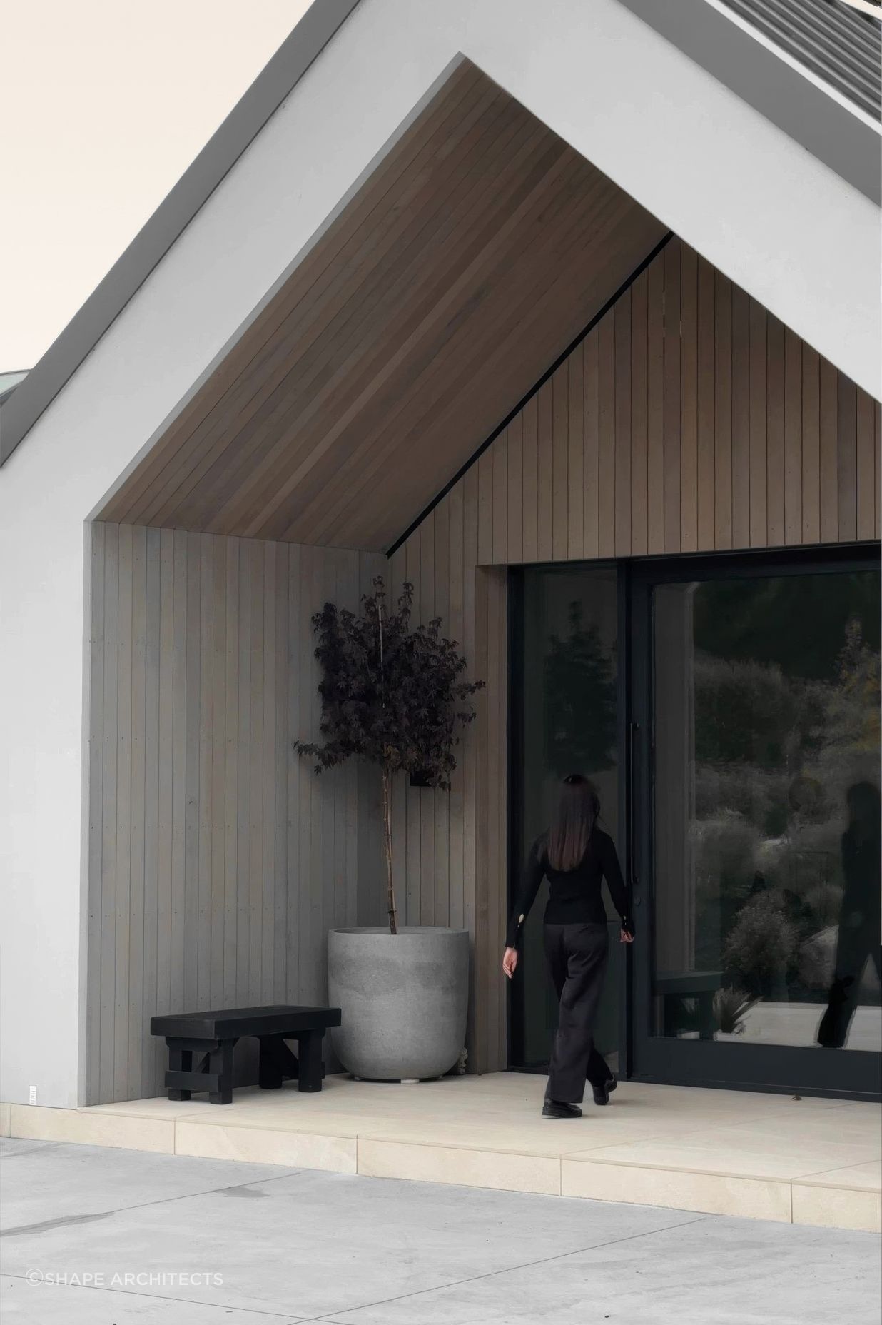 The dramatic gabled entranceway
