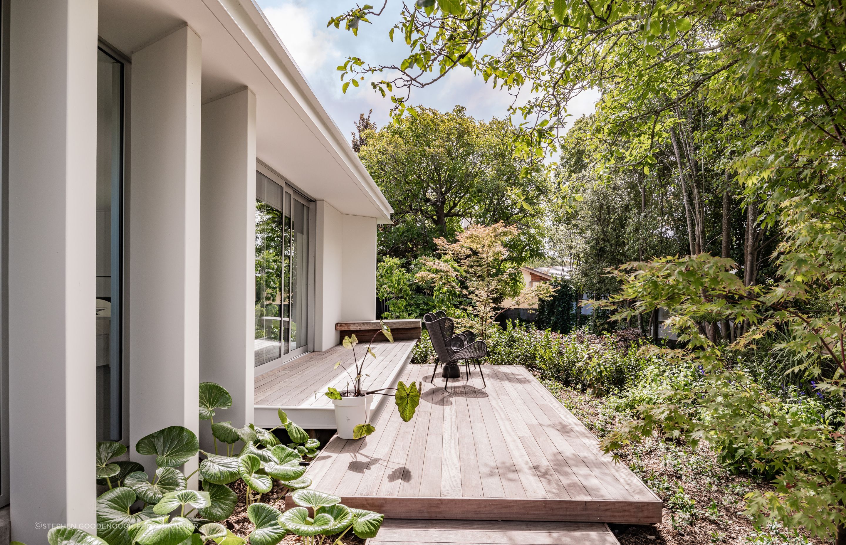 A deck at the back of the home provides another outdoor space to enjoy the surrounding environment.