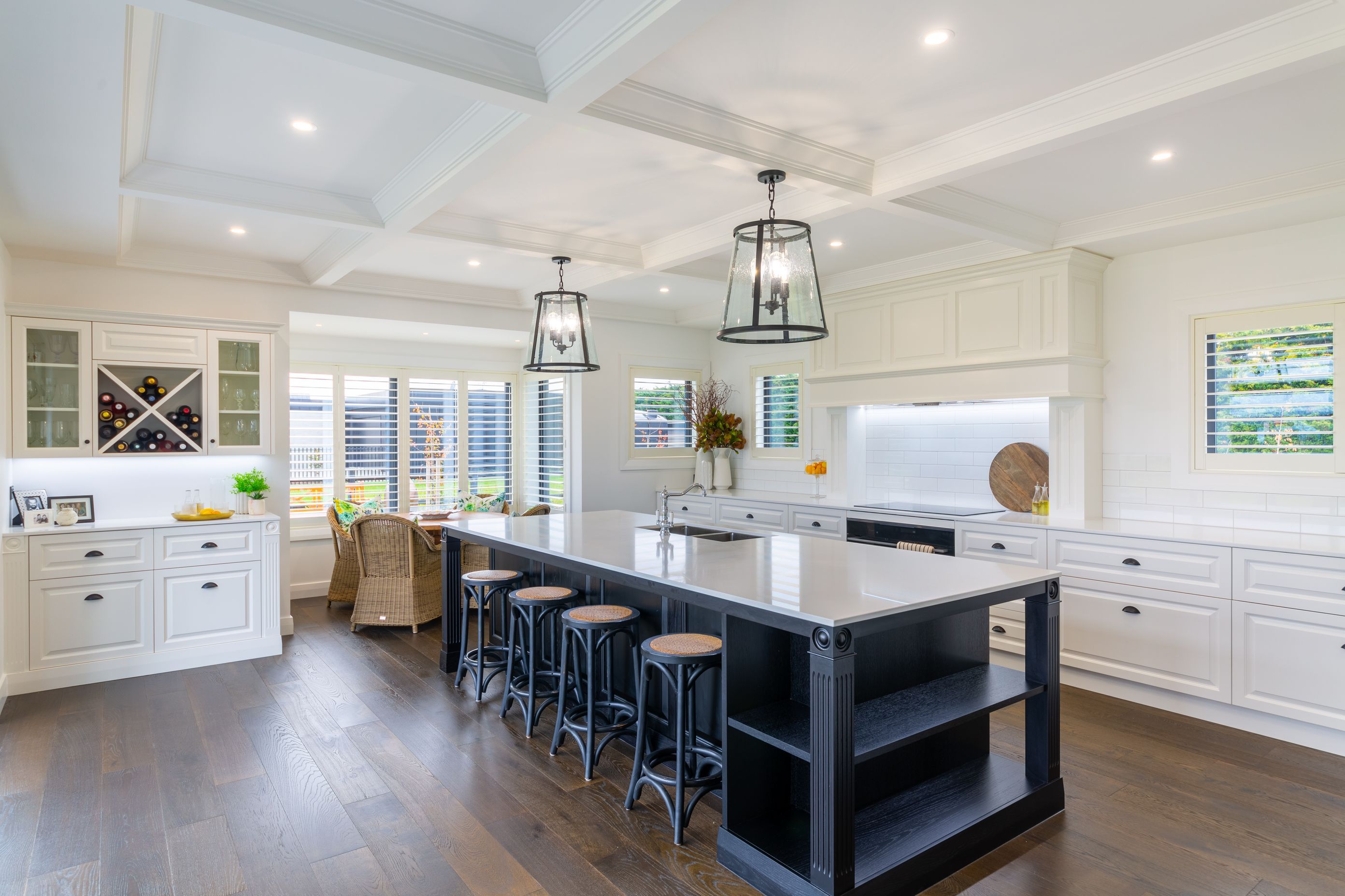 The panelling on the ceiling was achieved through the use of timber mouldings and pre-formed plaster products.