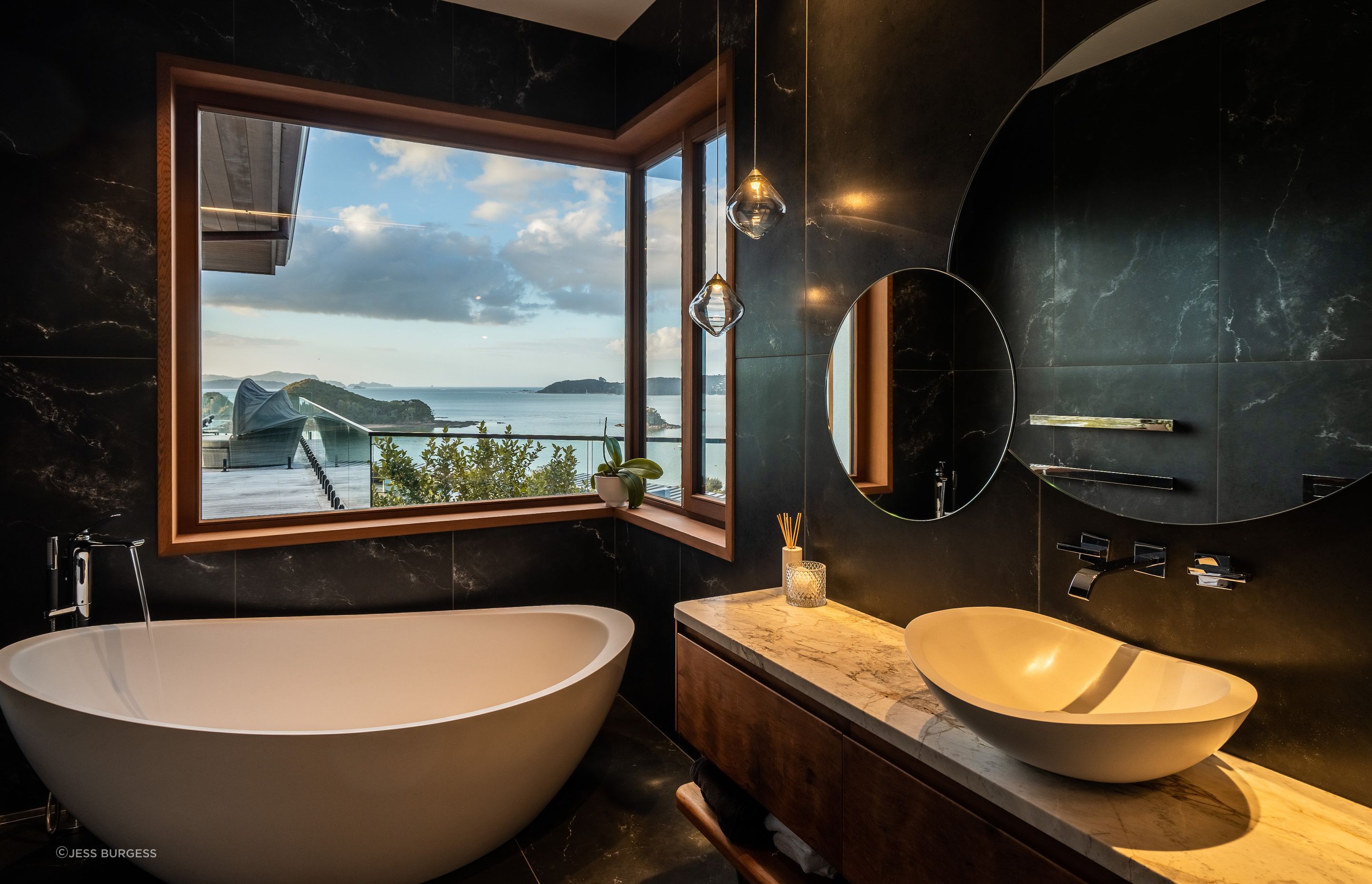 A bathroom with a view. The bath tapware is by Kohler.