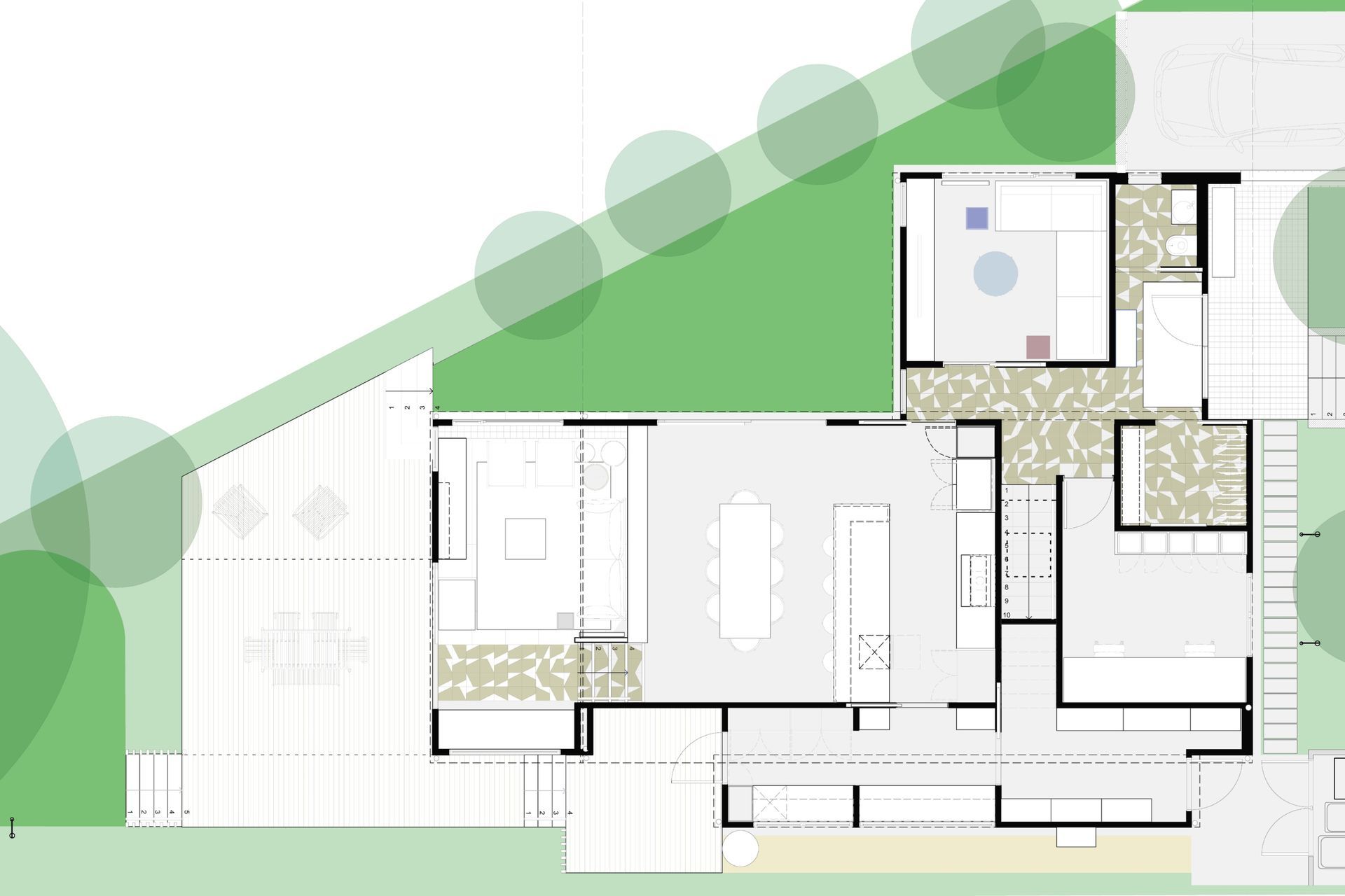 The floor plan demonstrates how Home Sweet Home has been carefully planned around contemporary family living. Open-plan spaces connect seamlessly to the outdoors, while thoughtfully positioned service areas, bespoke joinery and intimate retreats create a home that is both highly functional and full of personality. Every space has been designed to encourage connection, natural light and the everyday rituals of family life.