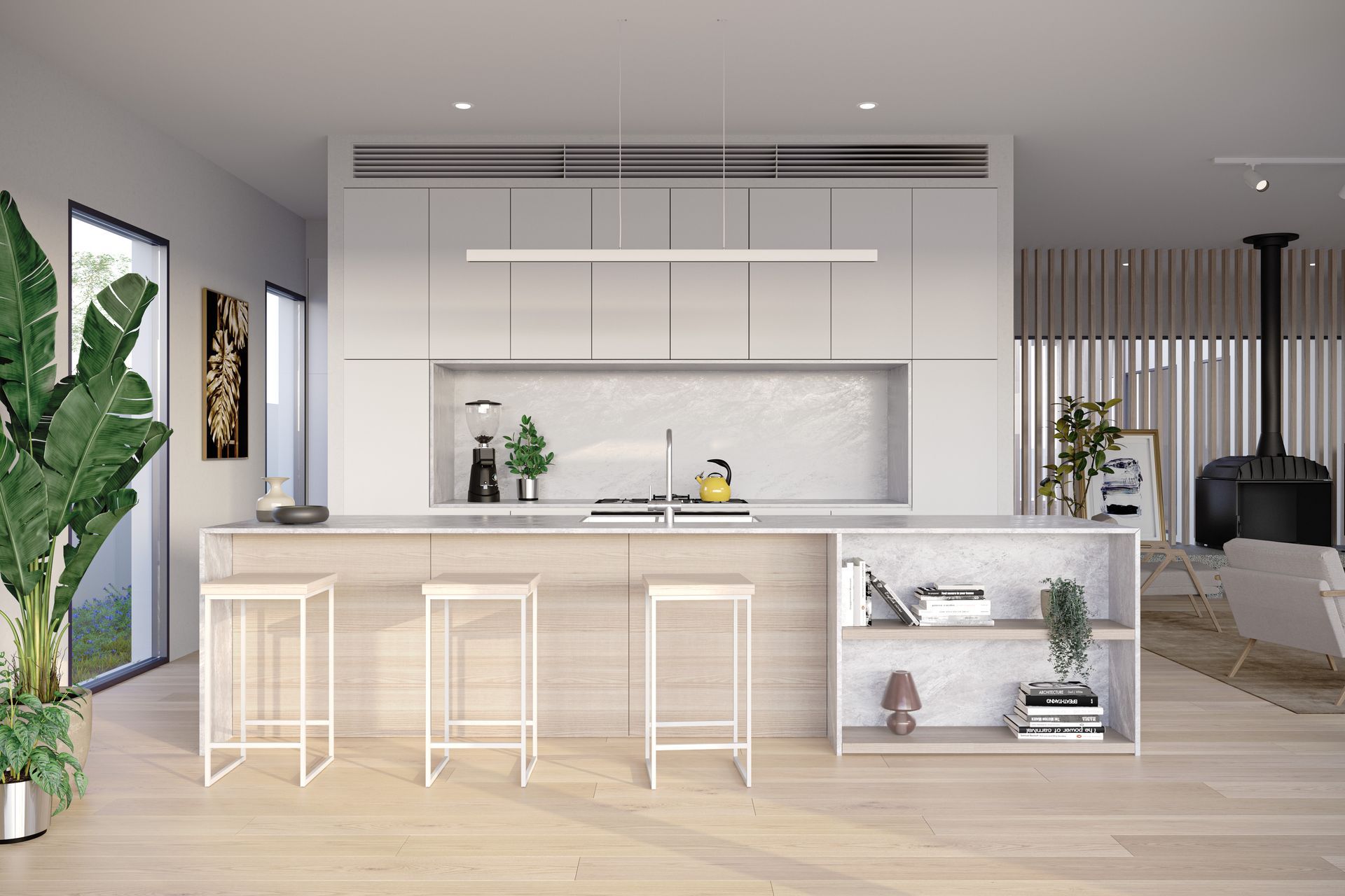 Open plan and flanked by expansive, double-glazed windows, the central living area is spacious, bright and easily adapted to the tastes of the occupier. With a light material palette, chrome and stainless steel accents, accompanied by premium European appliances – every finish and fixture is timeless in style.