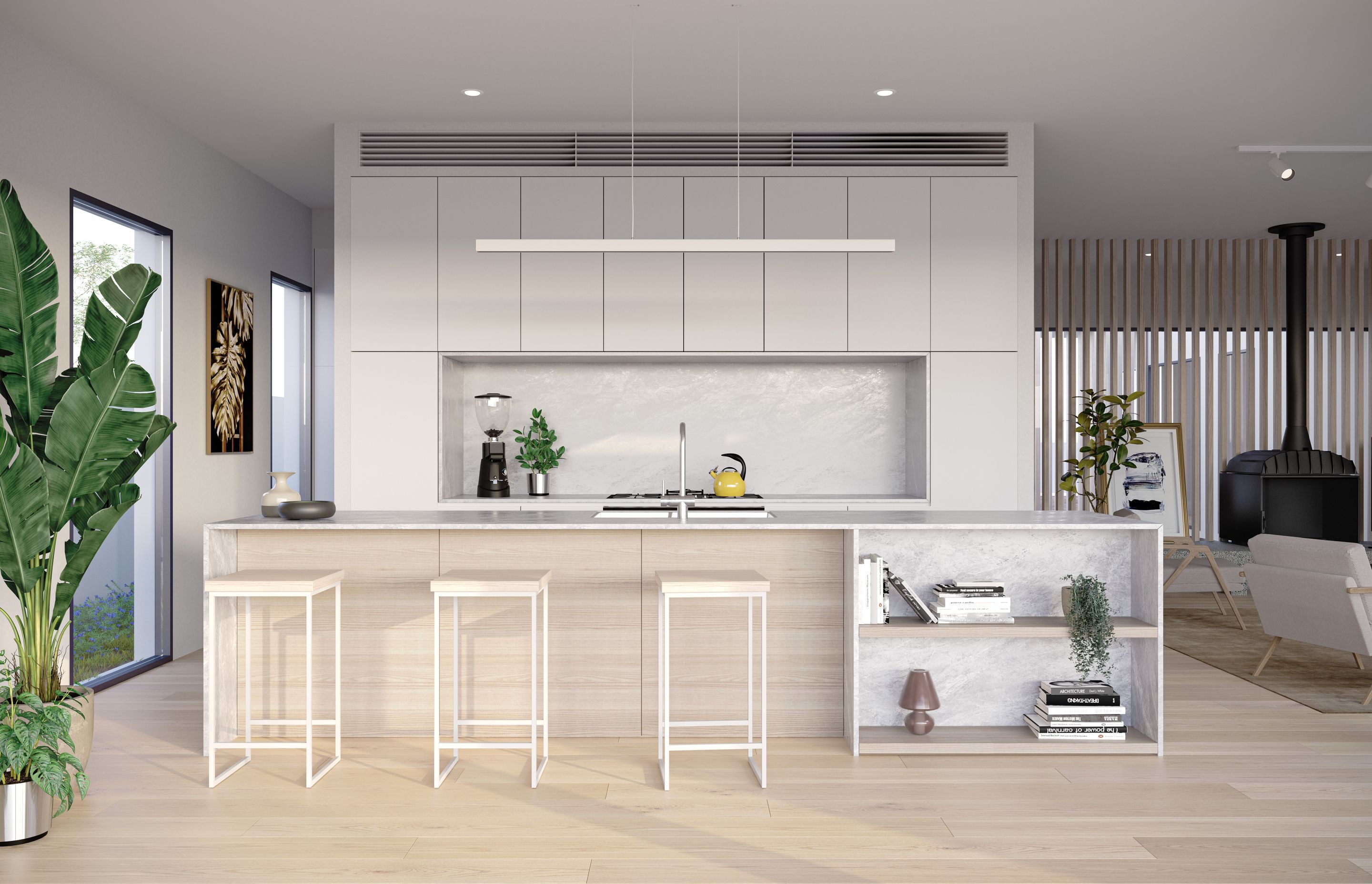Open plan and flanked by expansive, double-glazed windows, the central living area is spacious, bright and easily adapted to the tastes of the occupier. With a light material palette, chrome and stainless steel accents, accompanied by premium European appliances – every finish and fixture is timeless in style.