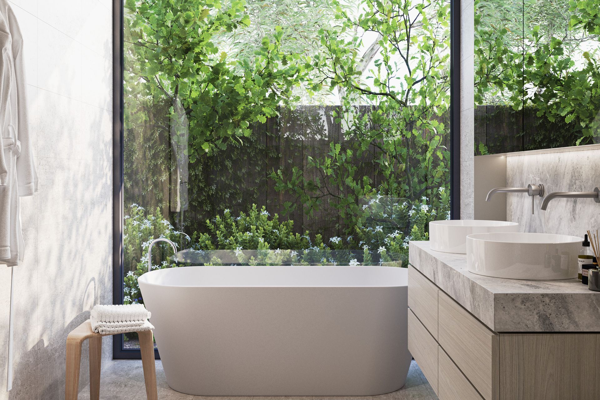 Both bathrooms are luxuriously appointed and unsparingly proportioned, with the option to extend to a third if desired. Crafted with a tastefully simple material palette, each features marble benchtops, ceramic double vanities and brushed chrome fixtures. Ensuites are complete with freestanding baths for an added touch of indulgence.