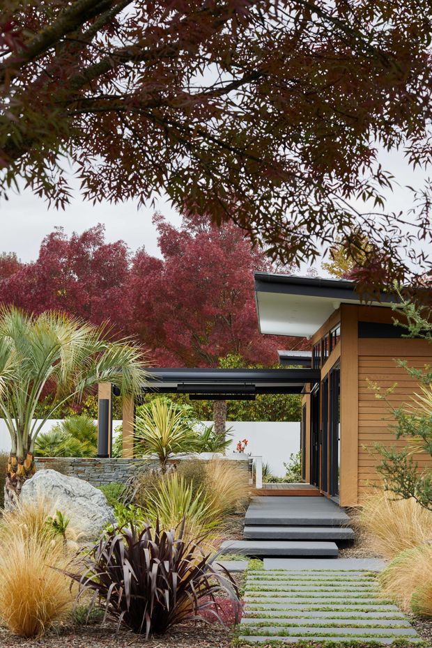 A landscaped exterior approach to a contemporary single-storey home, with a stepping-stone path through ornamental grasses, spiky architectural plants, rocks and layered planting. The house features warm horizontal timber cladding, dark metal-framed glazing, low-pitched roof forms and a covered entry or carport-like structure. Mature red-toned trees create a sheltered garden setting.