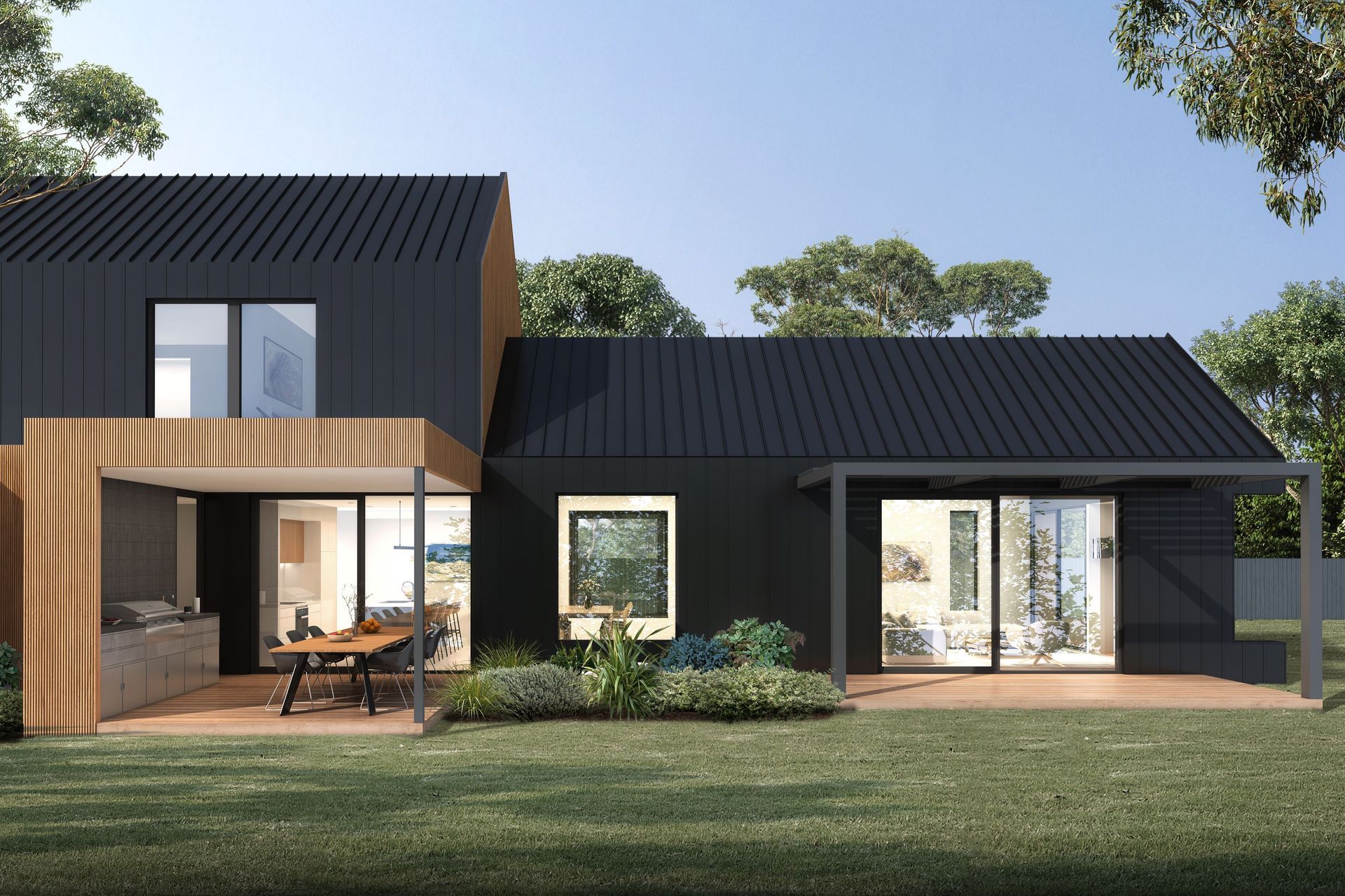  Skirted by a raised timber deck, Assemble House draws the external landscape within via glass sliding doors.