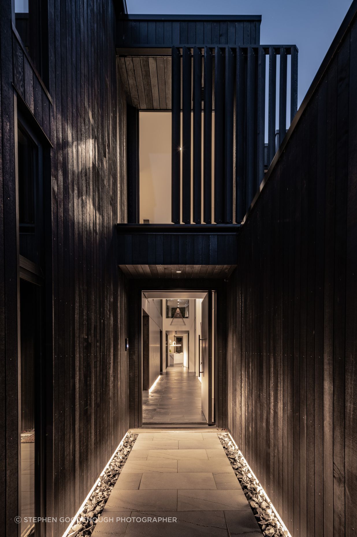 Slate tiles continue from the exterior to the interior.