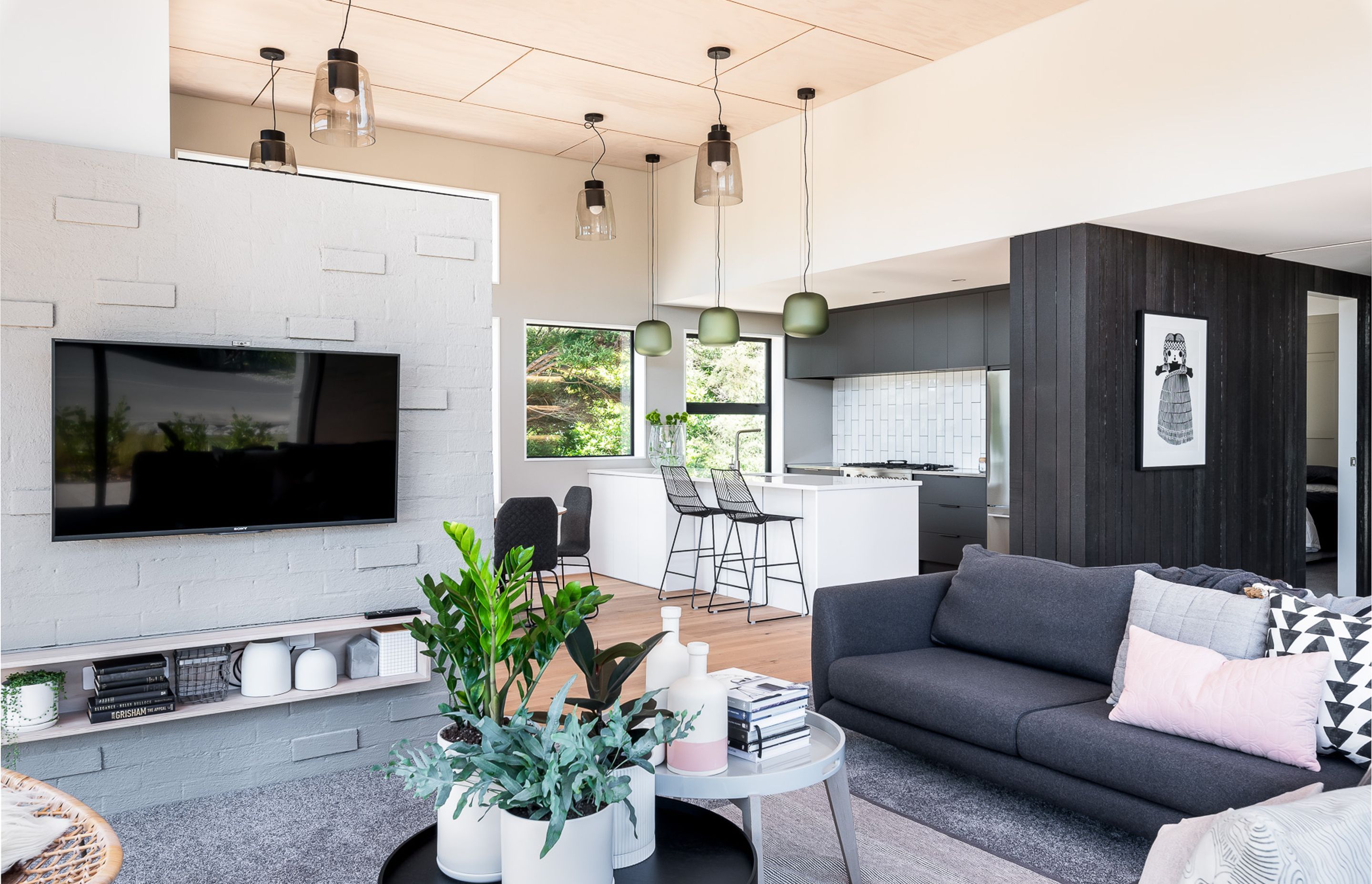 The open-plan nature of the living area means there are always open sightlines to the outdoors and the bush. All of the lighting throughout the home is LED.