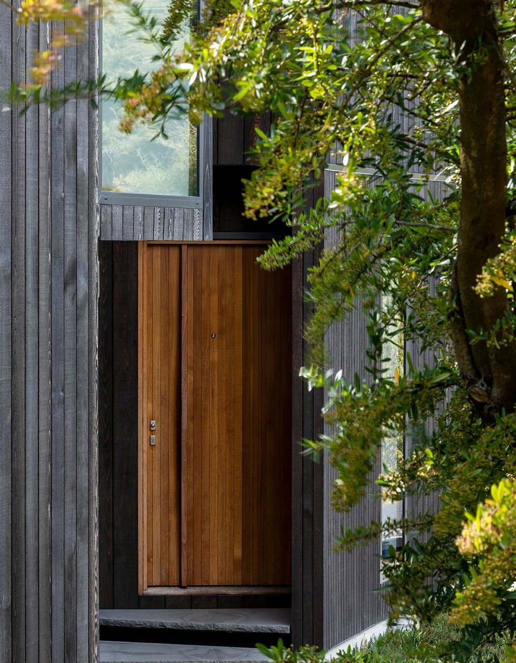 The discreet entryway is folded into the house, with a contrasting stain front door to mark the entrance.