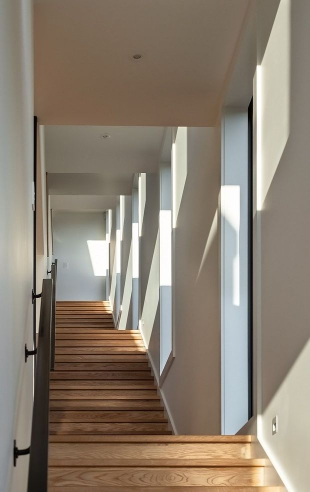 A narrow, minimalist stairway with warm timber treads ascending through a bright corridor. Full-height windows on one side cast strong geometric sunlight and shadows across pale plaster walls, while dark-framed doors and recessed ceiling lights create a clean contemporary interior.