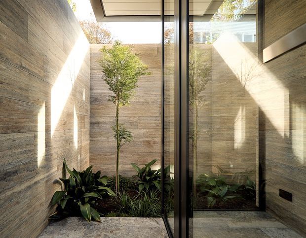 A narrow, sunlit internal courtyard or planted lightwell enclosed by textured stone-look walls and large floor-to-ceiling glazing. A slender tree and layered green planting sit in a gravel garden bed, while strong sunlight creates geometric shadows across the walls and concrete or stone paving. The space has a refined, contemporary architectural character with a partially glazed overhead opening.