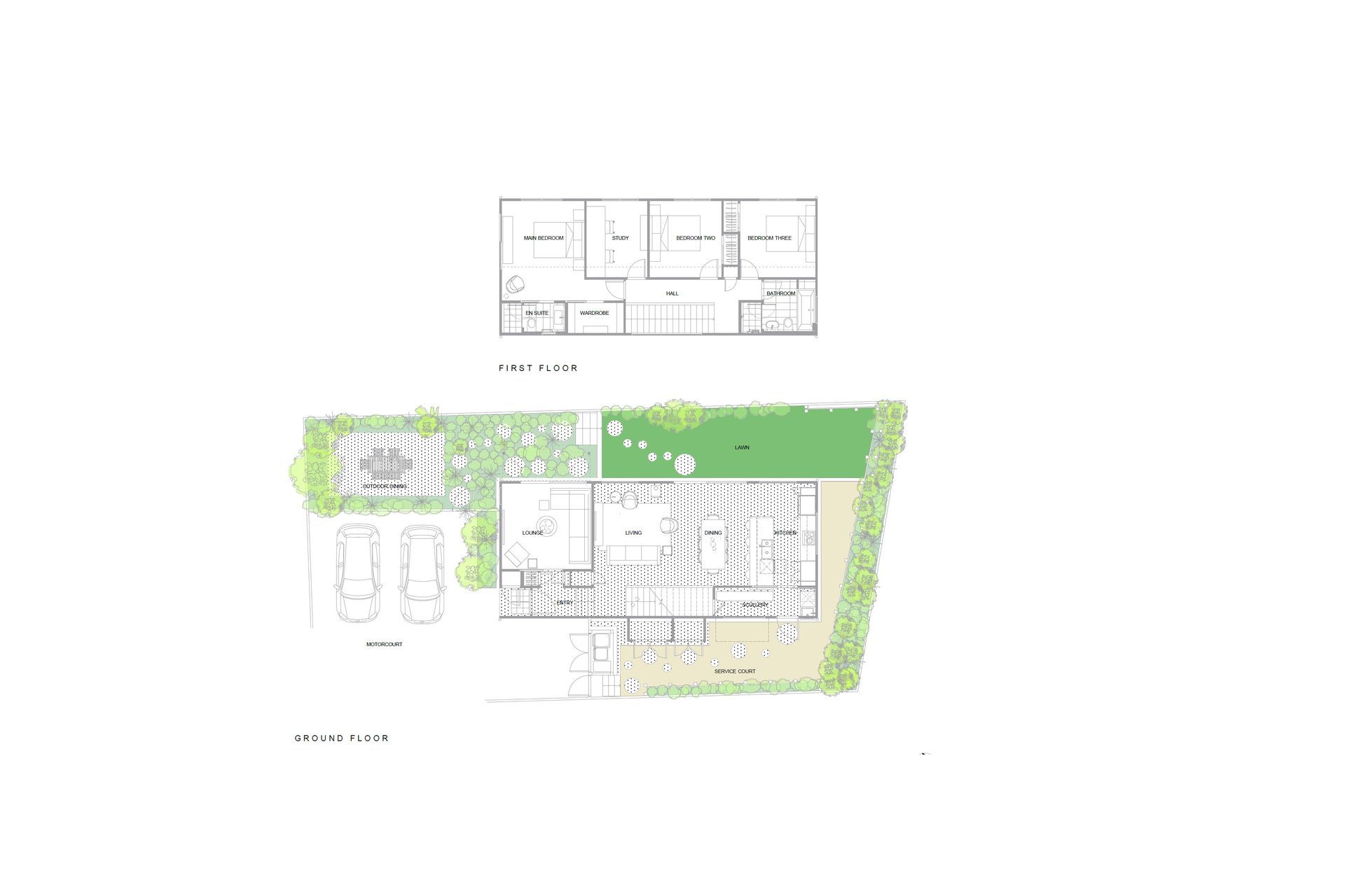 Architectural floor plan by Rogan Nash Architects illustrating the thoughtful planning of The Blackbird, a contemporary family home in Grey Lynn. The plan shows how the compact urban site is carefully organised to create generous open-plan living, private bedrooms and strong connections to outdoor spaces, demonstrating how intelligent planning can maximise space and natural light.