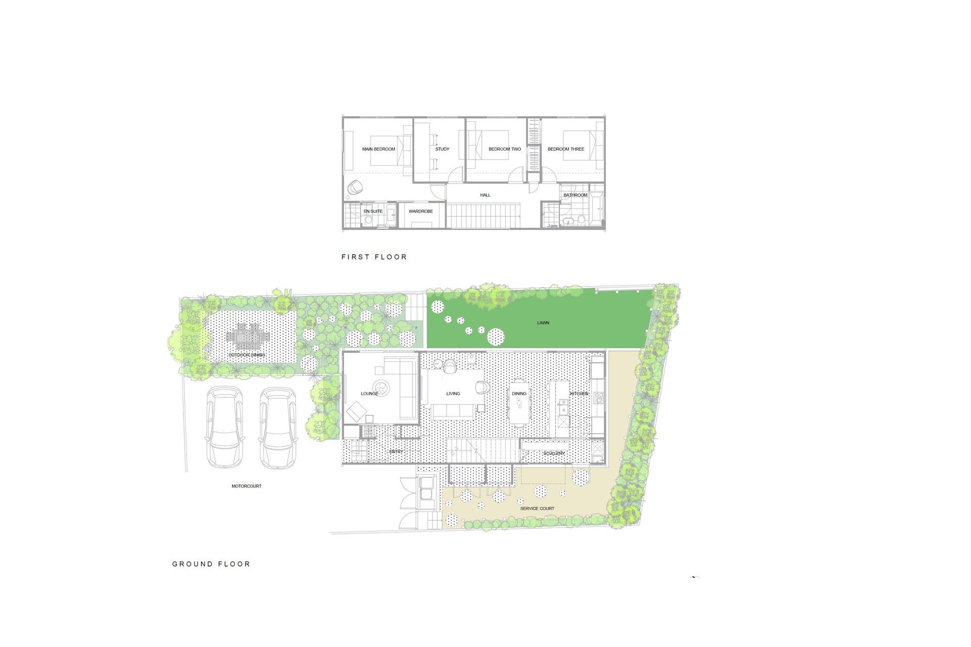 Architectural floor plan by Rogan Nash Architects illustrating the thoughtful planning of The Blackbird, a contemporary family home in Grey Lynn. The plan shows how the compact urban site is carefully organised to create generous open-plan living, private bedrooms and strong connections to outdoor spaces, demonstrating how intelligent planning can maximise space and natural light.