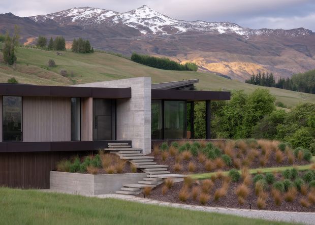 A modern single-storey house set on a landscaped sloping site, with dark horizontal cladding, exposed concrete walls, extensive black-framed glazing, and low-pitched roof forms. Stepped concrete paths and stairs connect the house to layered ornamental grasses and shrubs. Snow-dusted mountains and rolling rural terrain form the distant backdrop.