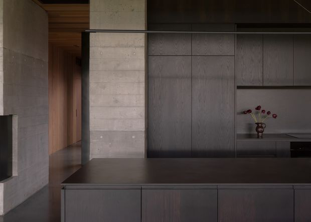 A dark, refined modern interior featuring extensive dark timber built-in cabinetry and a broad island or counter in the foreground. A raw concrete structural wall and column contrast with the timber joinery, while a narrow timber-lined corridor recedes at left. Integrated shelving and a small vase provide minimal decoration. The space has a restrained, material-focused composition with low, moody lighting.