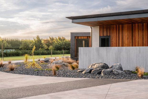 Contemporary single-storey building exterior with a low-profile flat roof, projecting eaves, warm vertical timber cladding, smooth grey concrete walls, and dark-framed glazing. The building is set within a carefully designed drought-tolerant landscape featuring gravel, ornamental grasses, rocks, and paved pathways.
