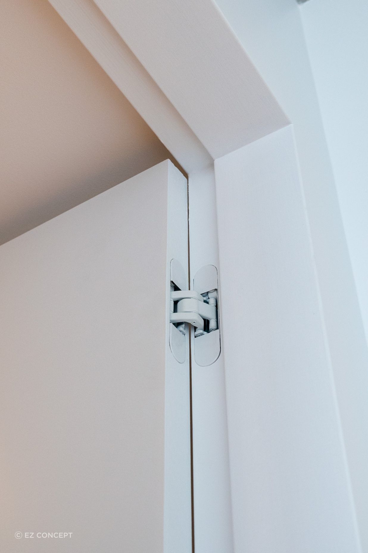 RocYork Concealed Hinges in white to seamlessly blend into the frame.