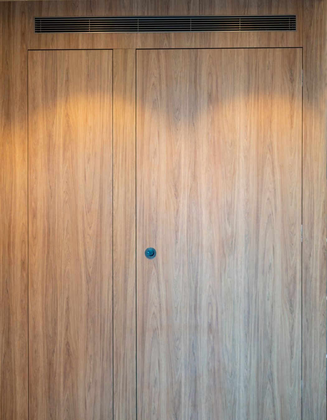 The timber façade of the ensuite wall conceals the door along its face.