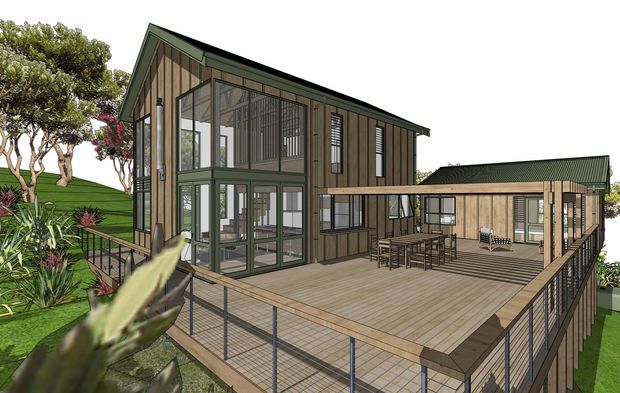 Architectural rendering of a contemporary multi-level timber-clad house on a raised deck. The design features a steep pitched gable roof, extensive floor-to-ceiling glazing, screened upper-level openings, a large outdoor entertaining deck with dining furniture, and an attached lower-roof wing. Lush planted landscaping surrounds the elevated structure.