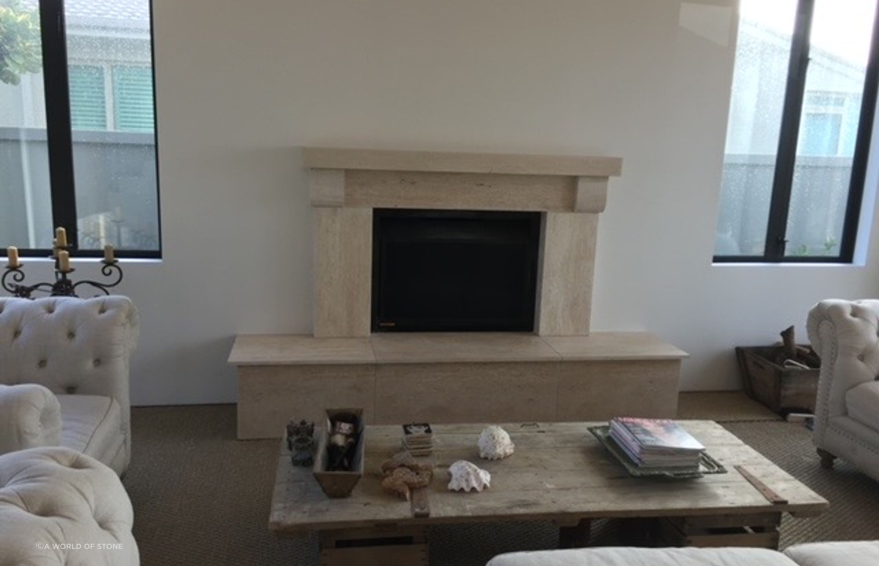 Honed Travertine fireplace