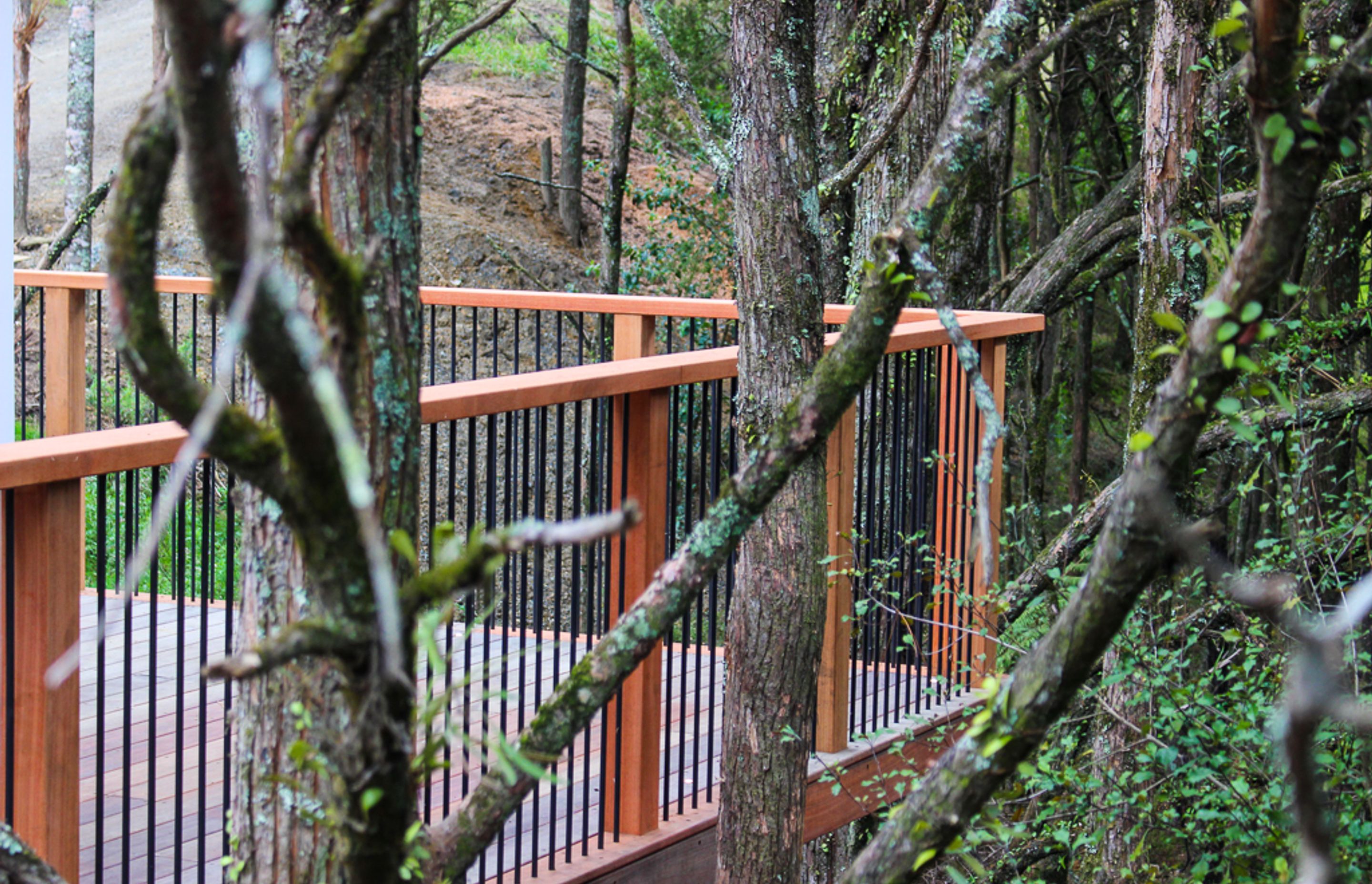 Custom built deck railing / balustrade is made from powder coated aluminum contrasted with Saligna timber.  Nestled among the trees this will only get better with age as the timber silvers