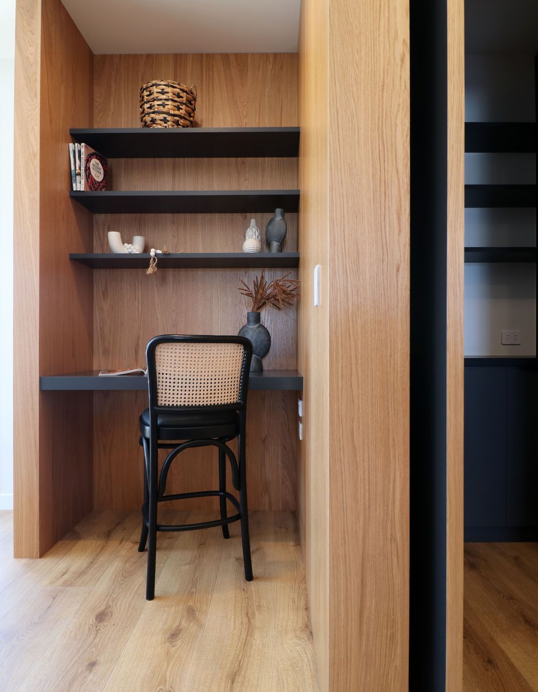 Black steel island, Dekton + Oak