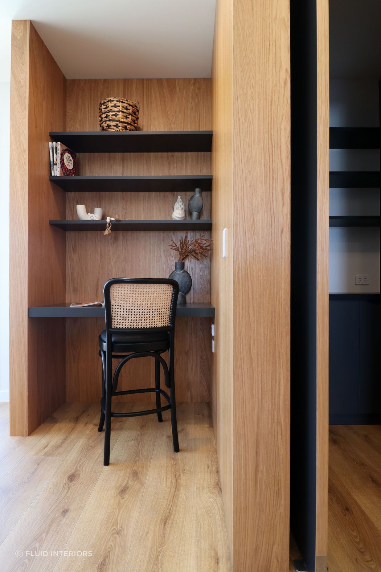 Black steel island, Dekton + Oak