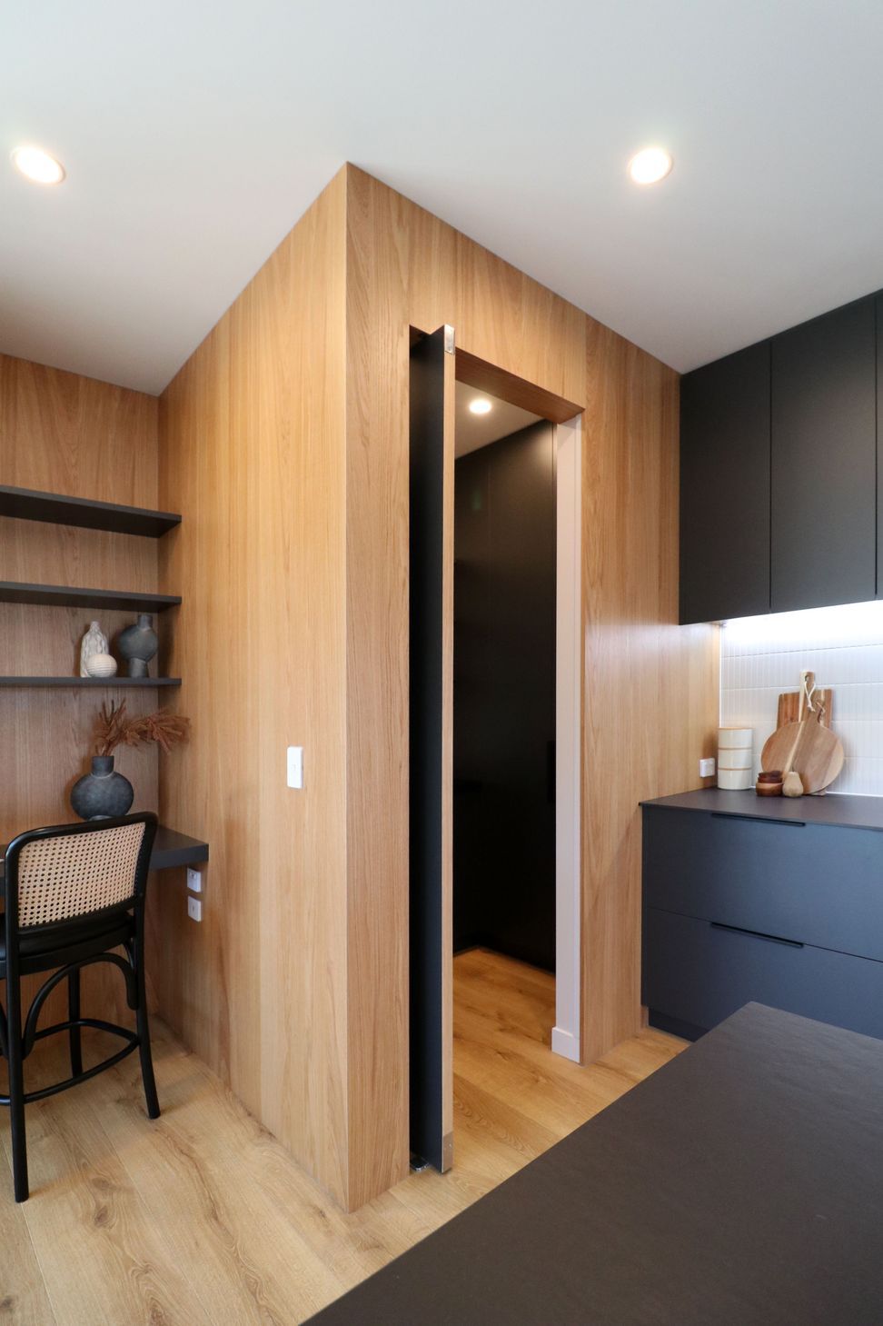 Black steel island, Dekton + Oak