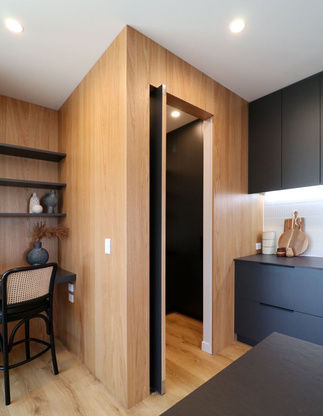 Black steel island, Dekton + Oak