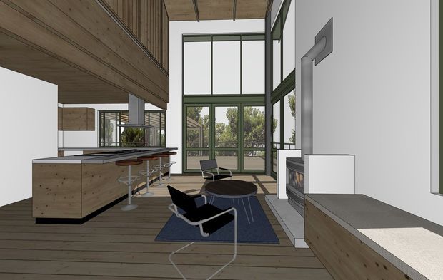 Architectural interior rendering of an open-plan living and kitchen area with exposed timber ceiling and flooring, a long timber kitchen island with bar seating, dark lounge chairs around a low round coffee table, and a contemporary fireplace wall with built-in timber cabinetry. Floor-to-ceiling green-framed glazing opens views to trees and brings in natural light.