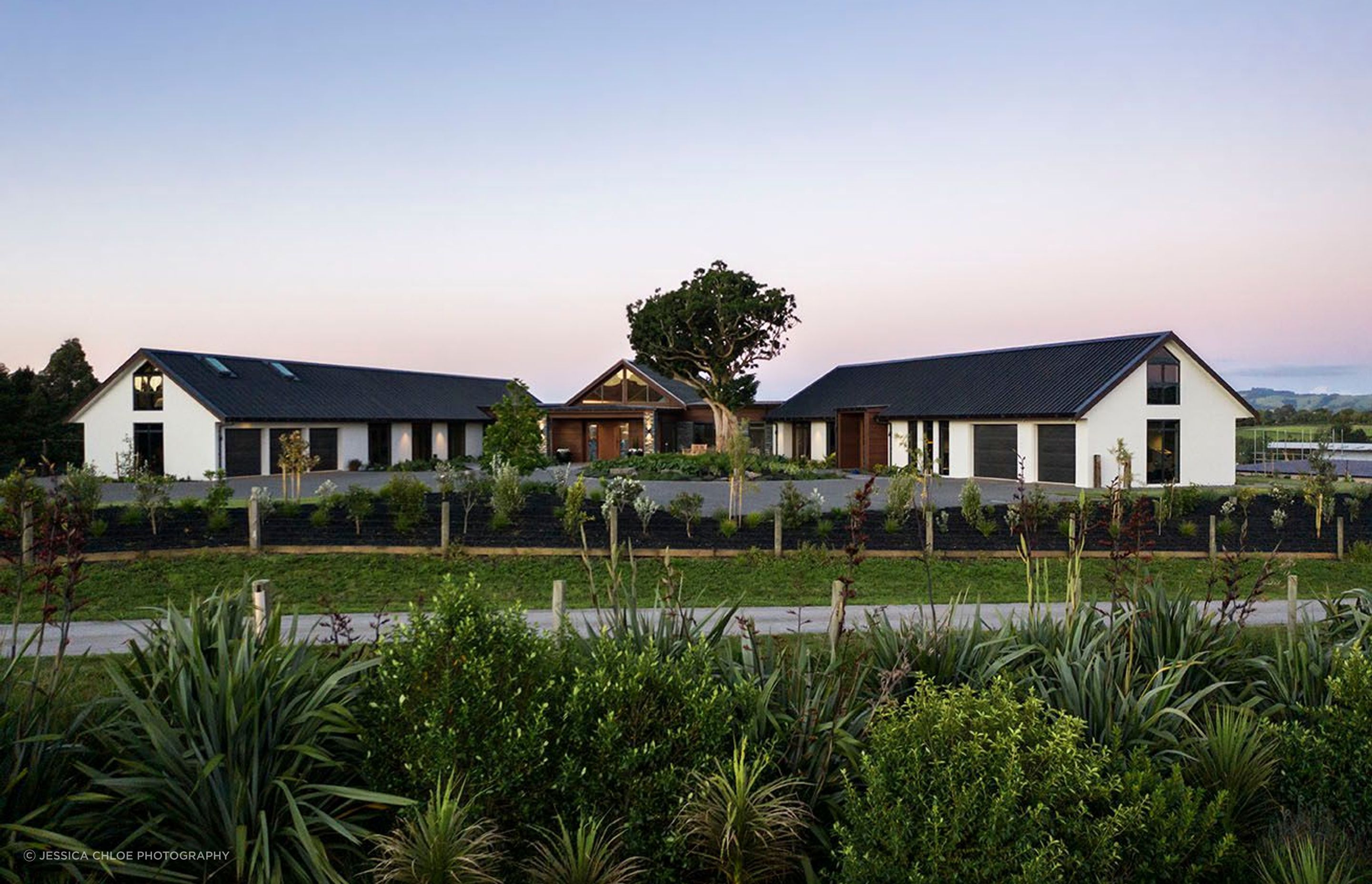 The Entry and adjacent pavilions pivot around a protected Puriri Tree which forms the focal point to the beautiful gardens on arrival.