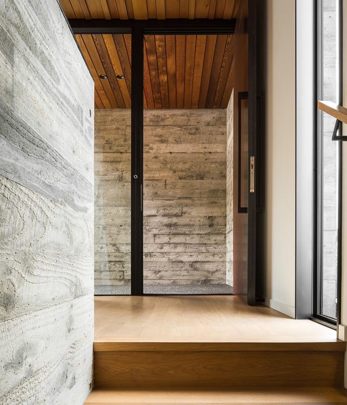 The exterior materiality continues through to the interior of the home.