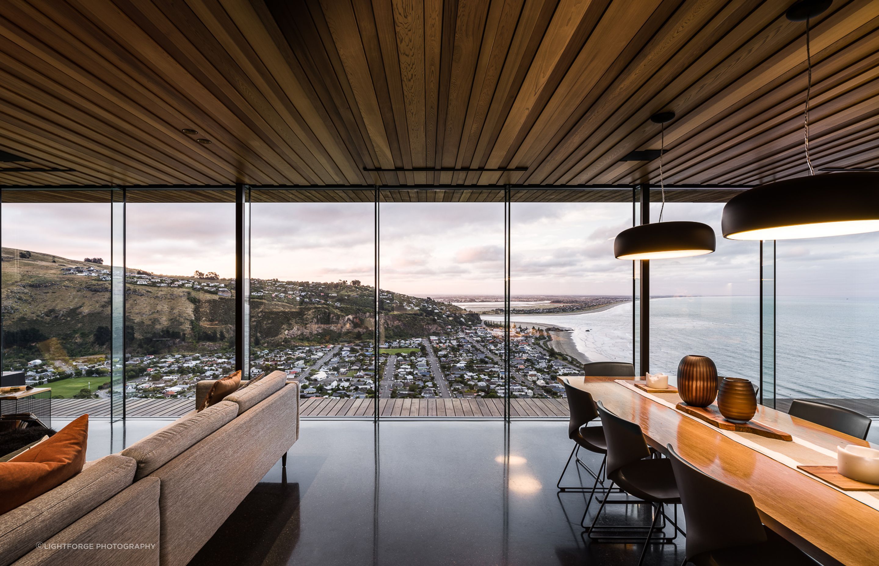 The cedar slats draw the eye towards the outlook.