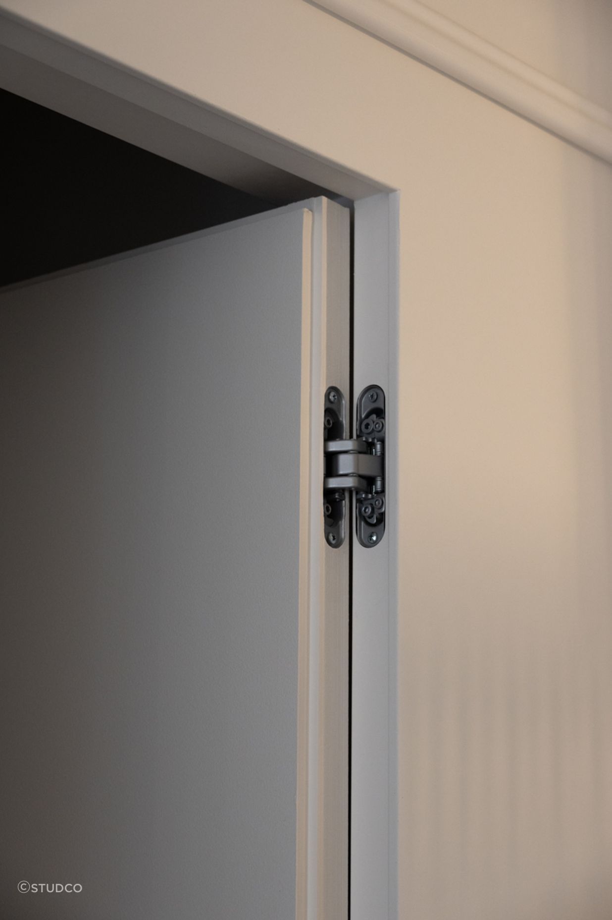 RocYork Concealed Hinges coupled with an ISD framed opening. The hinge will leave no exposed hardware visible once the door is closed.