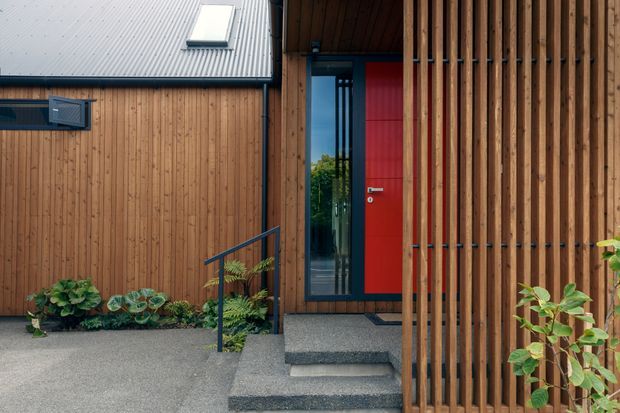 Exterior view of a contemporary timber-clad entry facade. Vertical wood slats screen the recessed porch, framing a vivid red entry door beside a tall glazed sidelight. Dark grey concrete or stone steps lead to the entrance, with a simple metal handrail, roof skylight, and low planted garden edging.