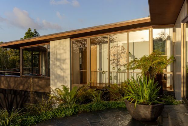 Exterior view of a low-profile contemporary home with broad projecting roof eaves, warm timber soffits, pale vertical cladding, and extensive floor-to-ceiling glazing. A sheltered deck or entry walkway runs along the facade, with lush planted garden beds and large potted tropical foliage in the foreground. The glazing reveals a softly lit interior and decorative screen, while the dark paved path and warm late-day light create a refined connection between house and landscape.