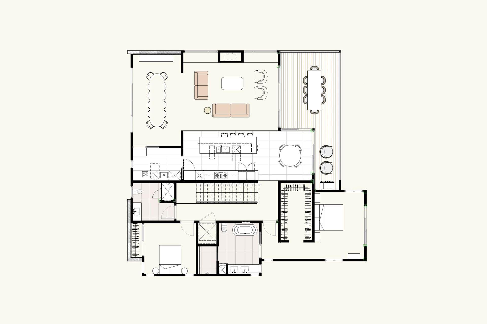 Architectural floor plan by Rogan Nash Architects illustrating the thoughtful planning of Room with a View. The layout is designed to maximise natural light, capture the surrounding views and create a seamless connection between the open-plan living spaces and outdoor areas, while providing well-zoned private accommodation for contemporary family living.