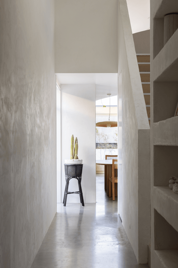 A narrow, bright interior hallway with white textured plaster walls, a polished grey concrete floor, and recessed built-in shelving on the right. The corridor opens toward a dining area with timber furniture, large glazed openings, and a sculptural pendant light. A potted cactus on a black stand adds a natural accent. The space has a minimalist, gallery-like character with strong daylight and clean geometric forms.