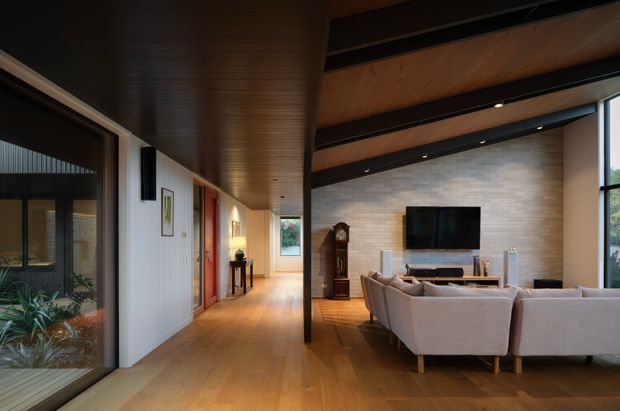 A warm, contemporary open-plan living room viewed from a broad hallway. The space features a timber-lined ceiling with exposed dark structural beams, timber flooring, expansive black-framed glazing, a pale textured feature wall with a mounted television, and a light upholstered seating arrangement. A long hallway with artwork and console furniture leads toward the living area, while planted greenery is visible through the glazing.