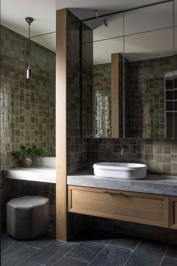 A sophisticated contemporary bathroom with dark green-grey square wall tiles, dark stone-look floor tiles, and a floating timber vanity with a grey stone benchtop. A white vessel basin sits beneath a large mirrored cabinet, while a built-in tiled bench and pendant light occupy the adjacent niche. The space has warm timber detailing, black fixtures and hardware, and moody directional lighting.