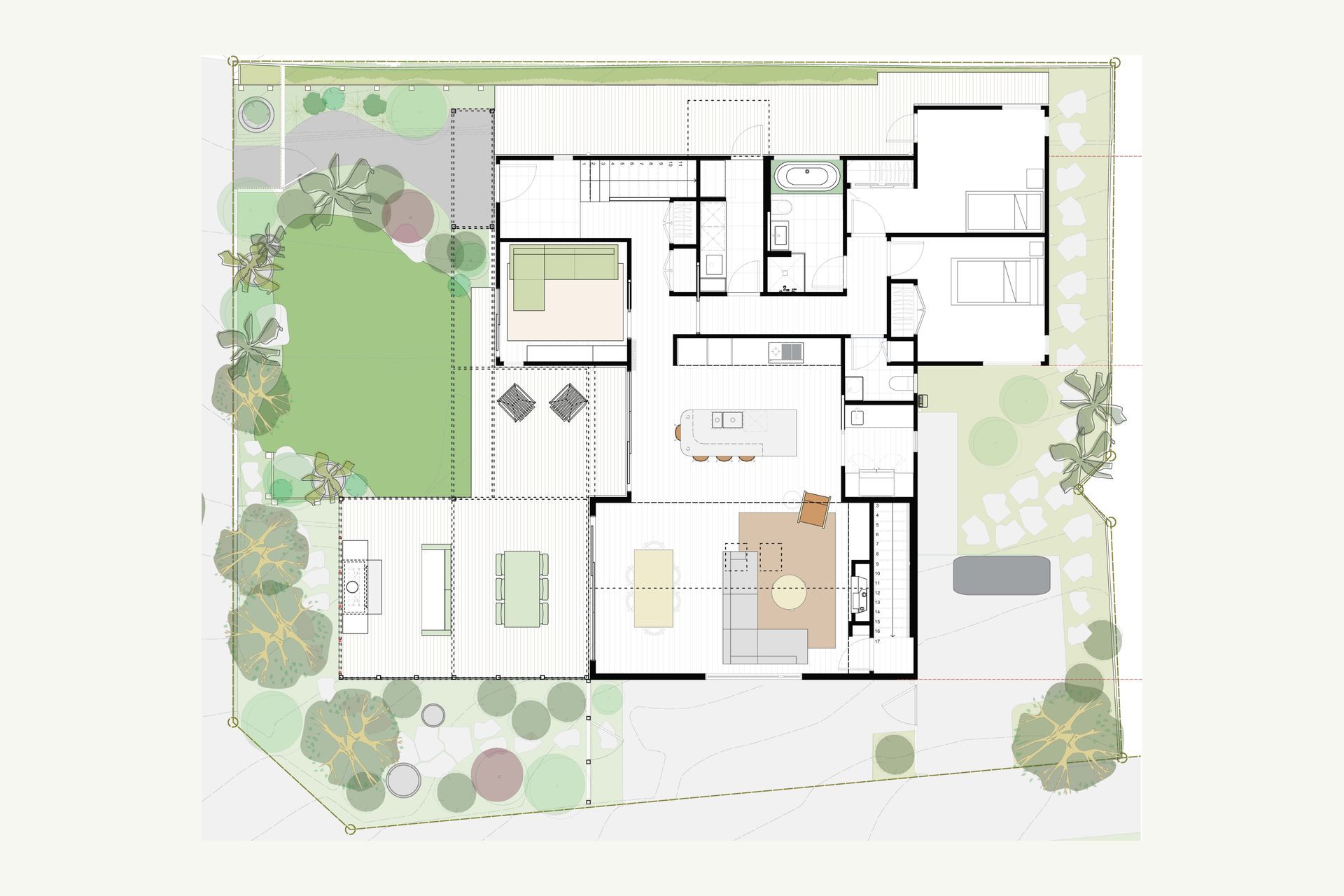 The floor plan illustrates how Sunny Side Up is a  contemporary family sanctuary. Carefully arranged open-plan living spaces, a beautifully detailed kitchen and generous outdoor entertaining areas are organised to maximise sunlight, natural ventilation and a seamless connection to the garden. Every space has been thoughtfully planned to support modern family life while celebrating craftsmanship and enduring materials.