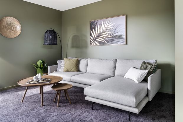 A calm contemporary living room with dark sage-green walls, a large light-grey L-shaped sectional sofa, and a deep grey textured rug. A round timber coffee table and small stool sit in front of the sofa, with framed botanical artwork, woven wall decor, a floor lamp, and a potted plant adding natural accents.