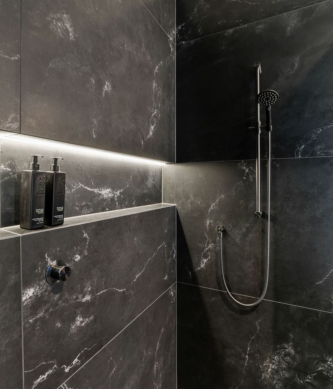 Design by Cube Dentro. Tile: Stardust Deep 750x1500mm. Stocked in 597x597mm