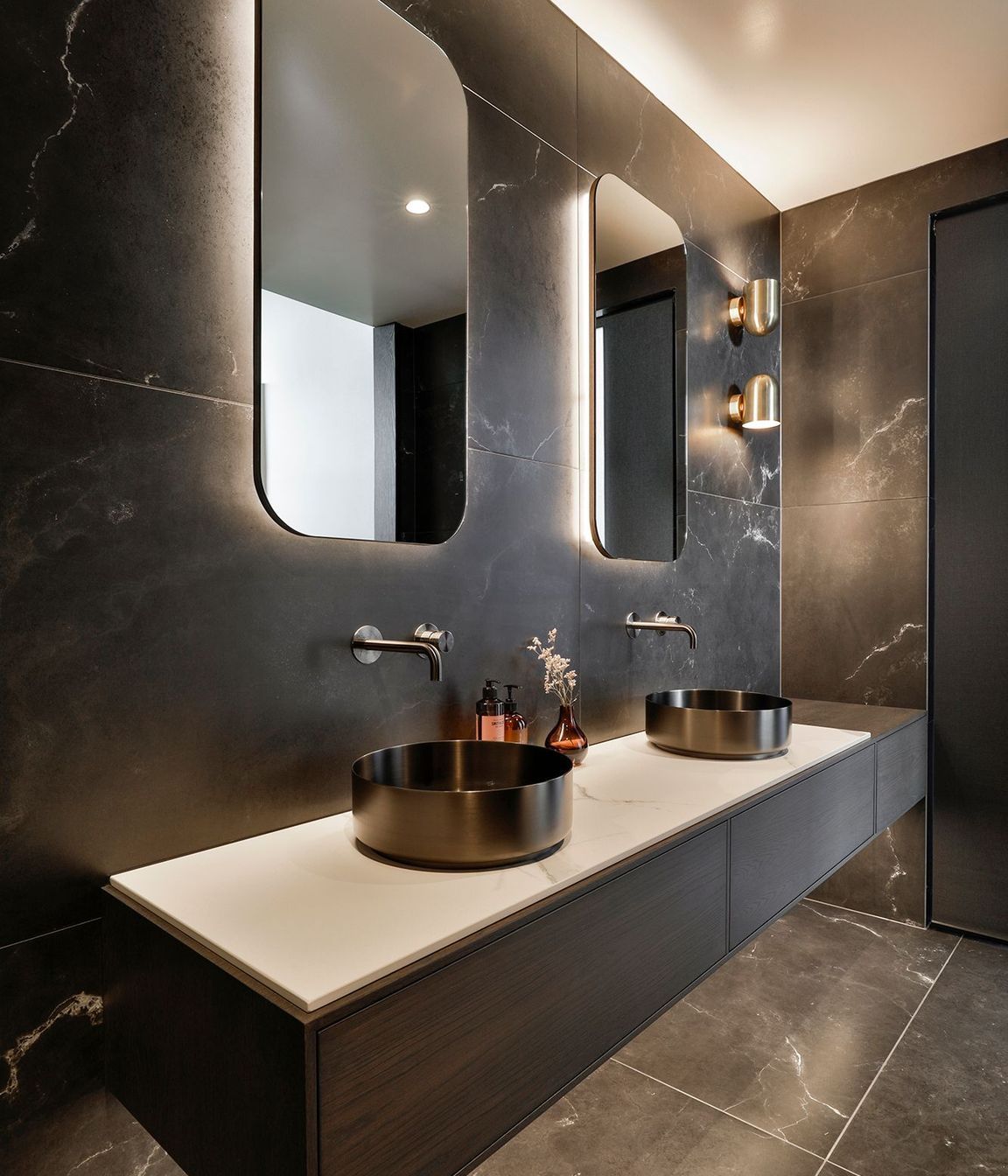 Design by Cube Dentro. Tile: Stardust Deep 750x1500mm. Stocked in 597x597mm