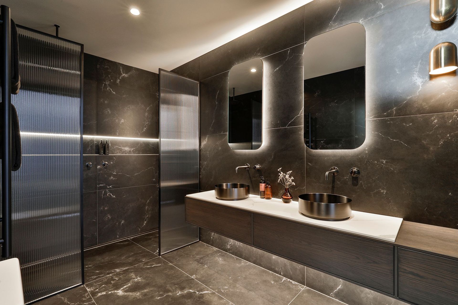 Design by Cube Dentro. Tile: Stardust Deep 750x1500mm. Stocked in 597x597mm