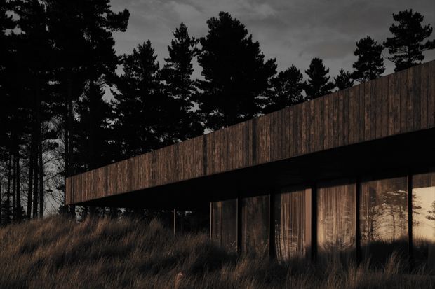 A low, contemporary architectural structure set into a wooded, grassy landscape. The building features a long dark roof or upper facade clad in vertically arranged weathered timber boards, supported by slender dark structural elements, with extensive floor-to-ceiling glazing reflecting the surrounding forest. The moody, subdued image emphasizes the building's horizontal form and integration with the natural site.