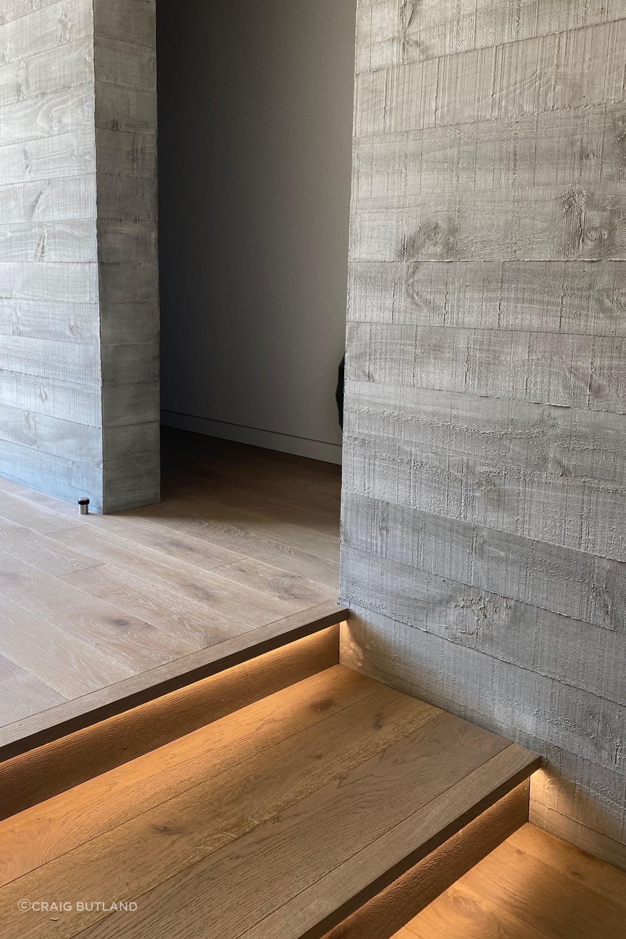 Recessed lighting beneath the stair nosing highlights the warmth of the timber flooring against the concrete walls.