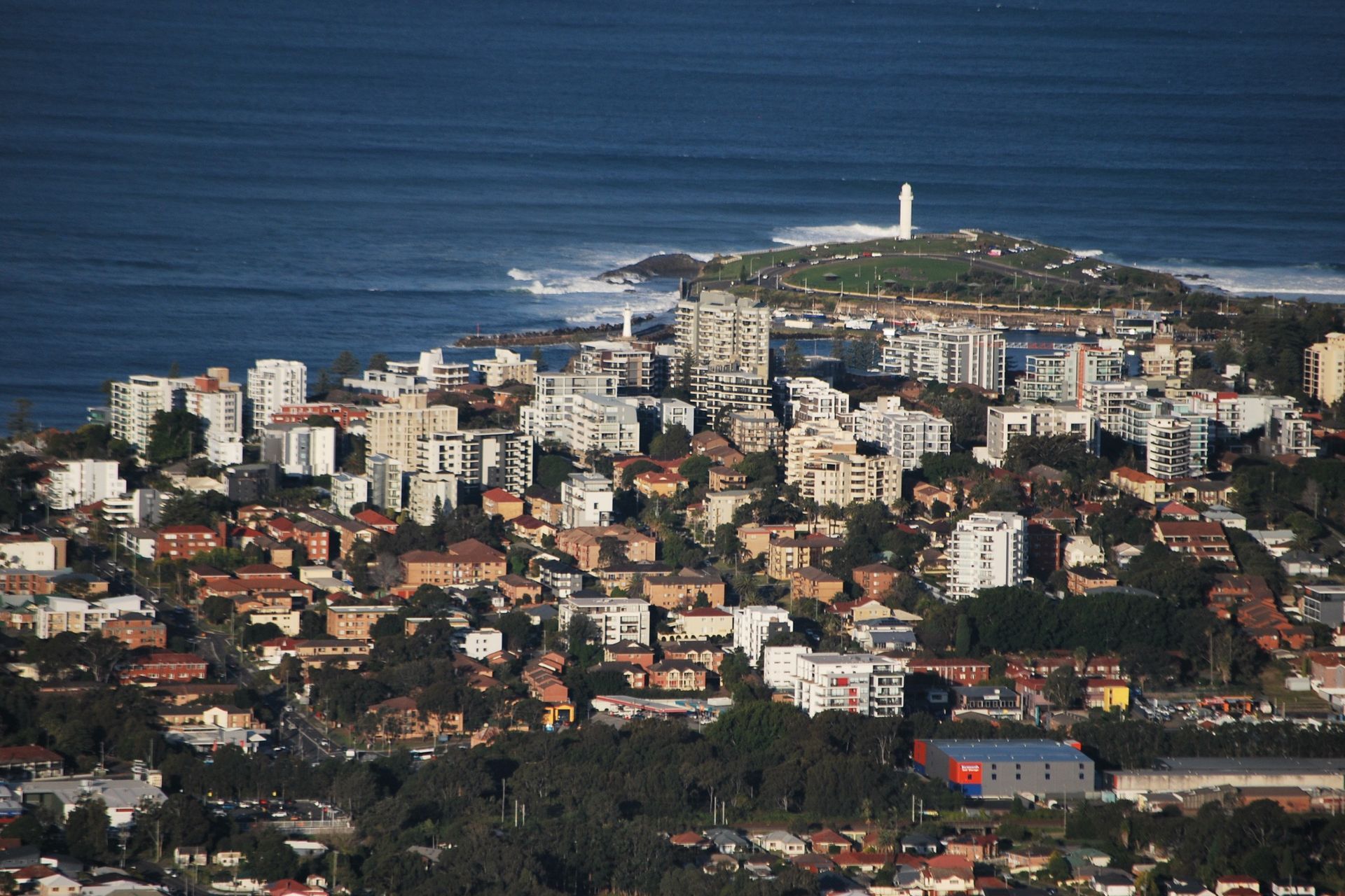 Wollongong's dramatic setting - the city grid extending to the coastline.